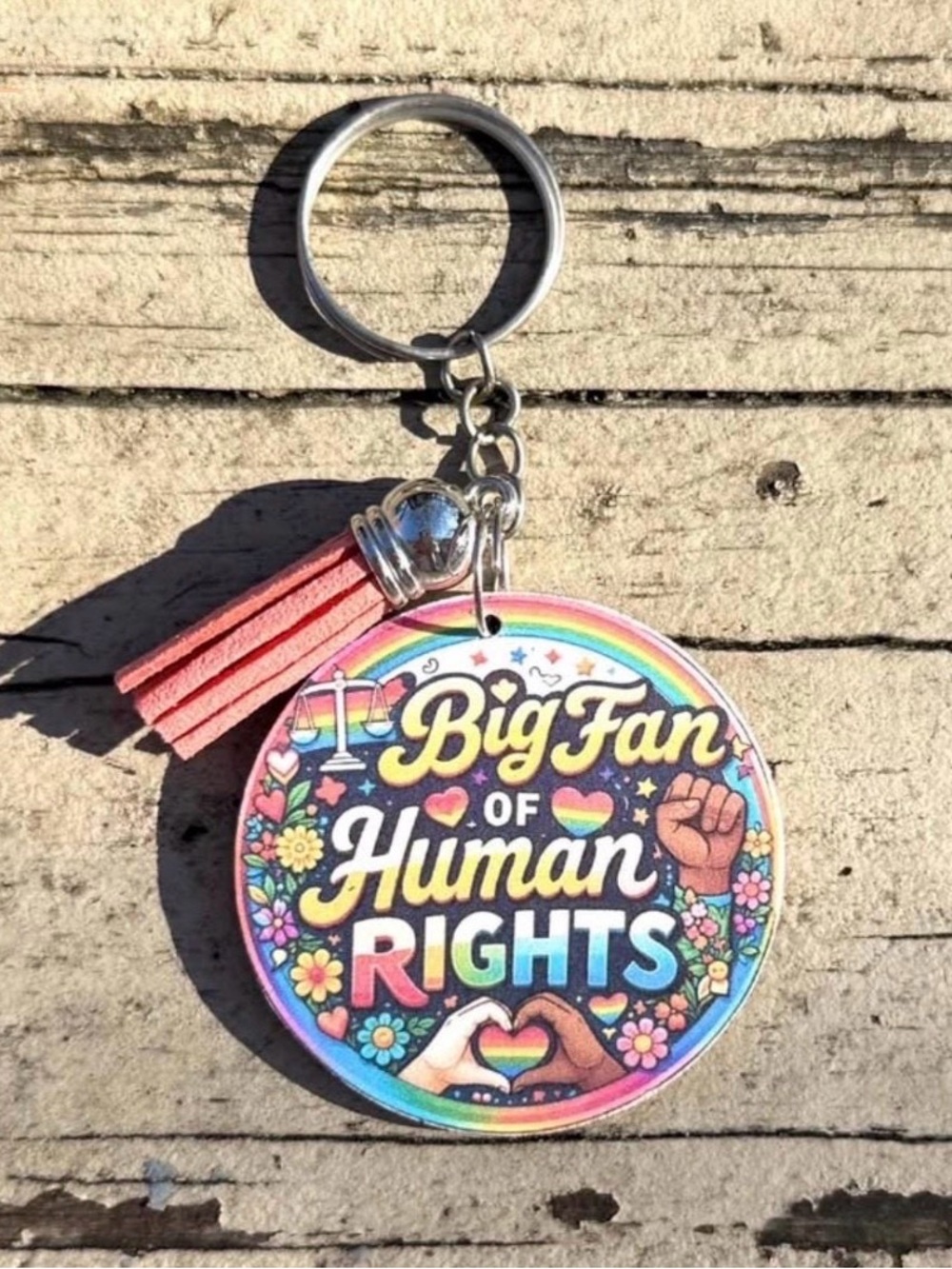 Wood decoupage circular keychain “Big Fan of Human Rights” faux leather tassel